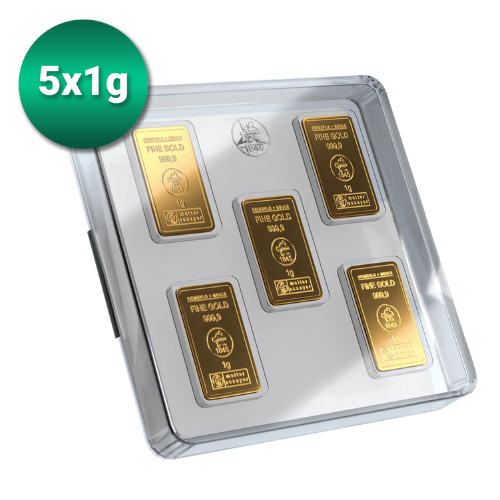 5 x 1g Goldbarren Heimerle und Meule UnityBar
